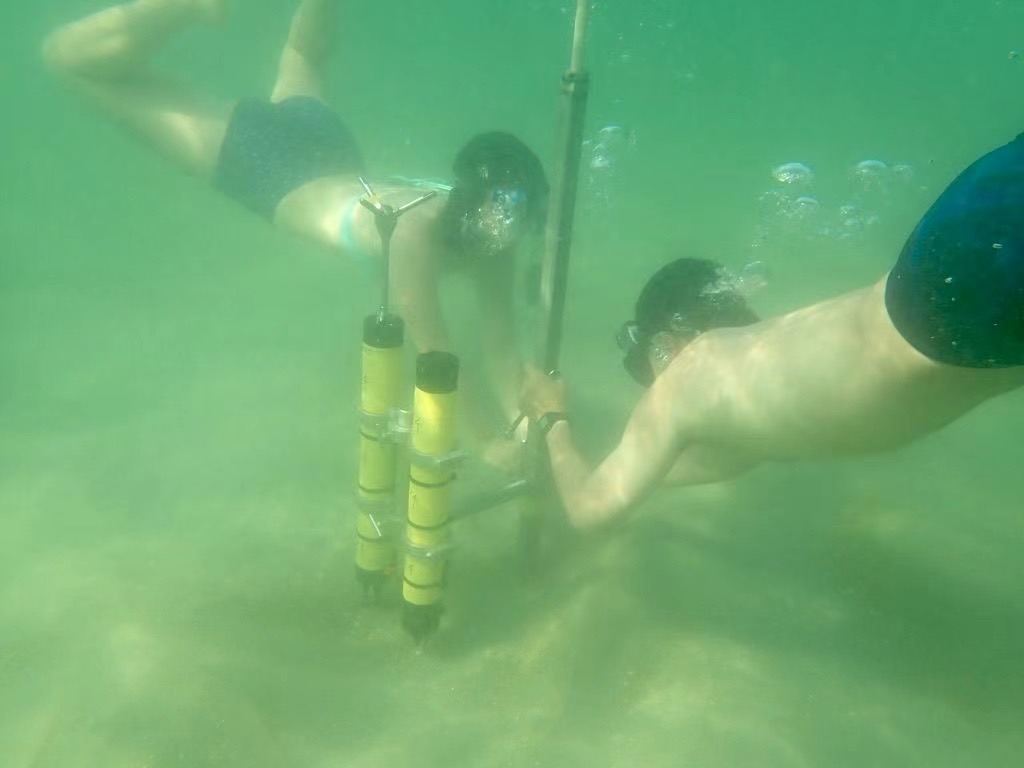 Divers installing oceanographic instruments underwater in the surfzone
